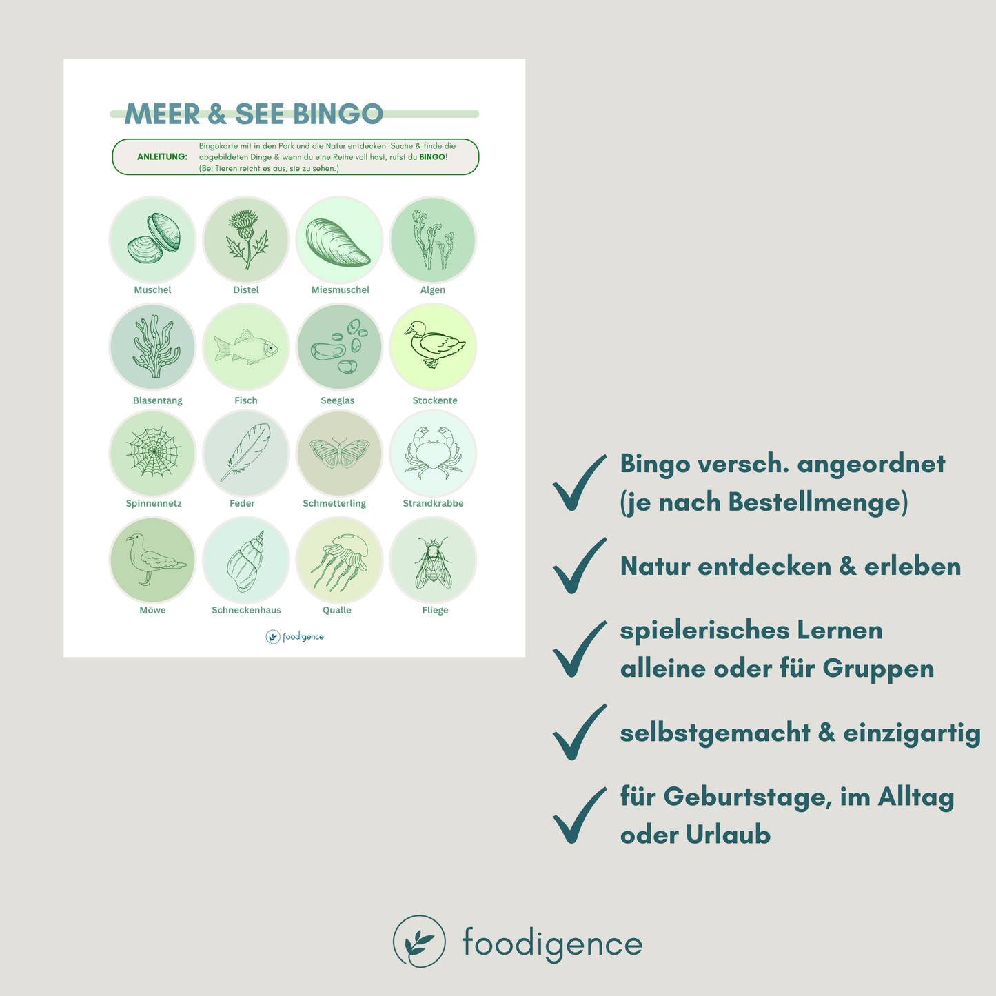 Übersicht zum Bingo für Kinder von foodigence Variante MEER oder am SEE