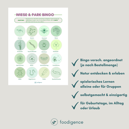 Übersicht zum Bingo für Kinder von foodigence Variante WIESE oder auch im PARK