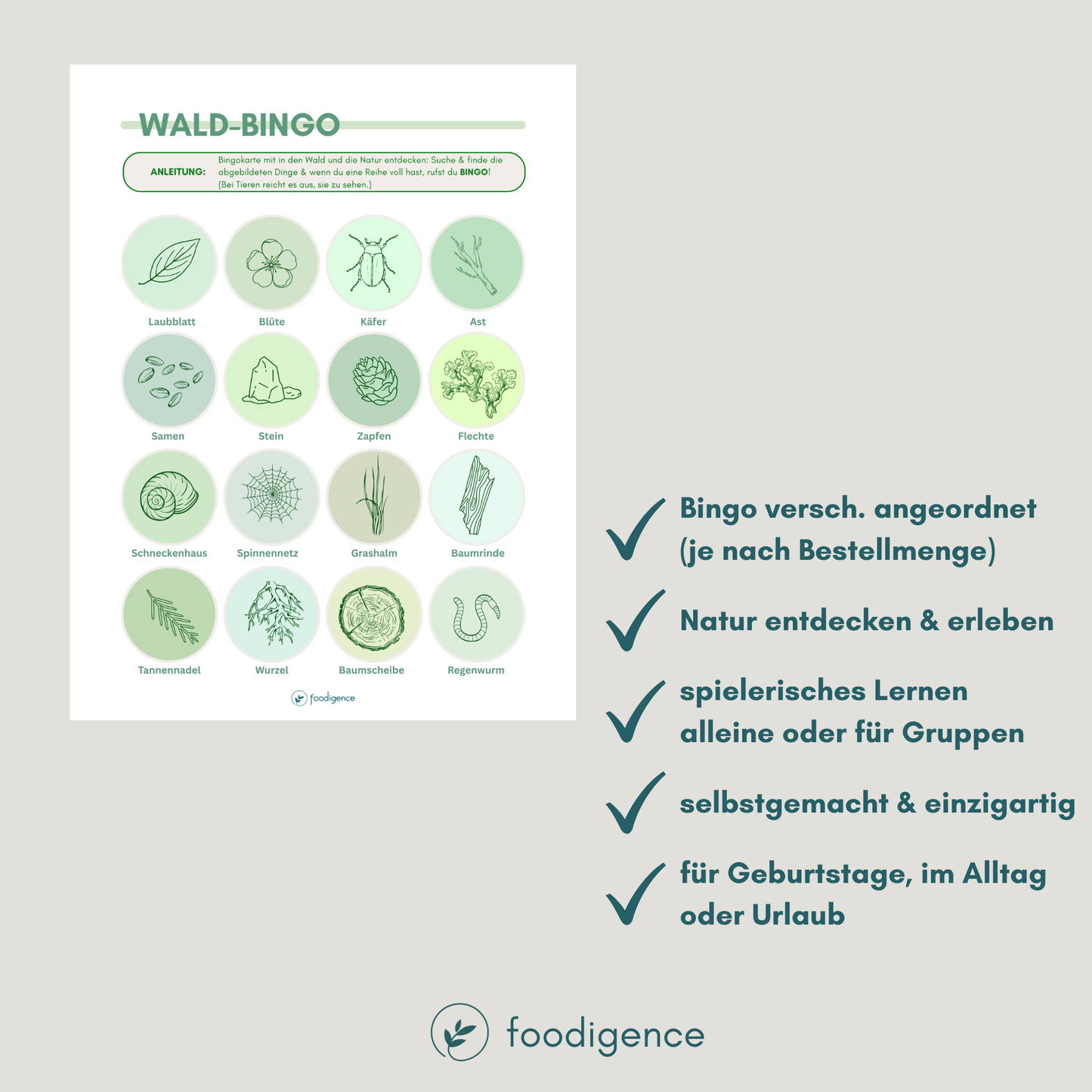 Übersicht zum Bingo für Kinder von foodigence Variante WALD