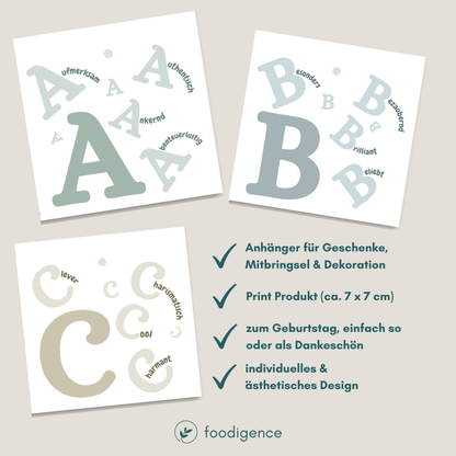 Übersicht und Informationen zum Artikel Geschenkanhänger Komplimente Buchstabe A  bis Z von foodigence
