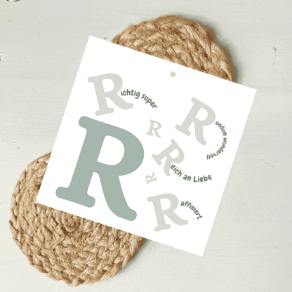Geschenkanhänger Komplimente Buchstabe R aus hochwertigem Karton von foodigence