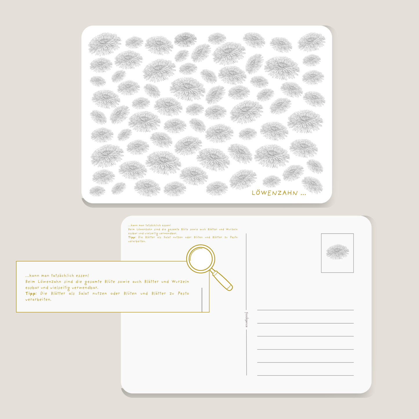 Postkarte  DIY LÖWENZAHN mit Tipps zum Verzehr der Blüten von foodigence