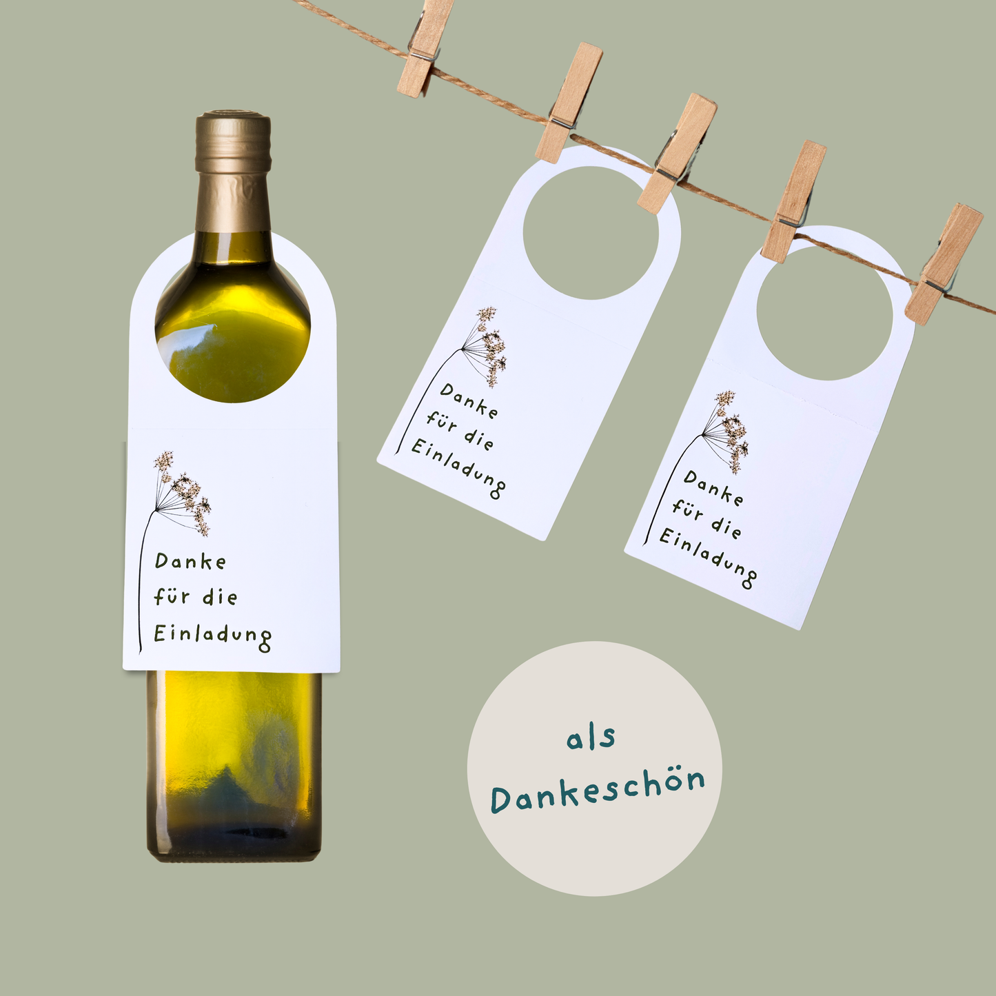 Abbildung des Flaschenanhängers Danke für die Einladung von foodigence an einer Olibvenölflasche