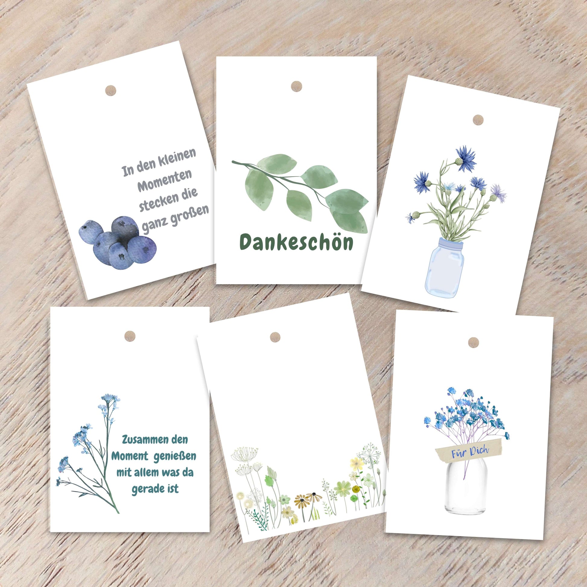 Übersicht zu den 6 Varianten Geschenkanhänger aus Papier von foodigence