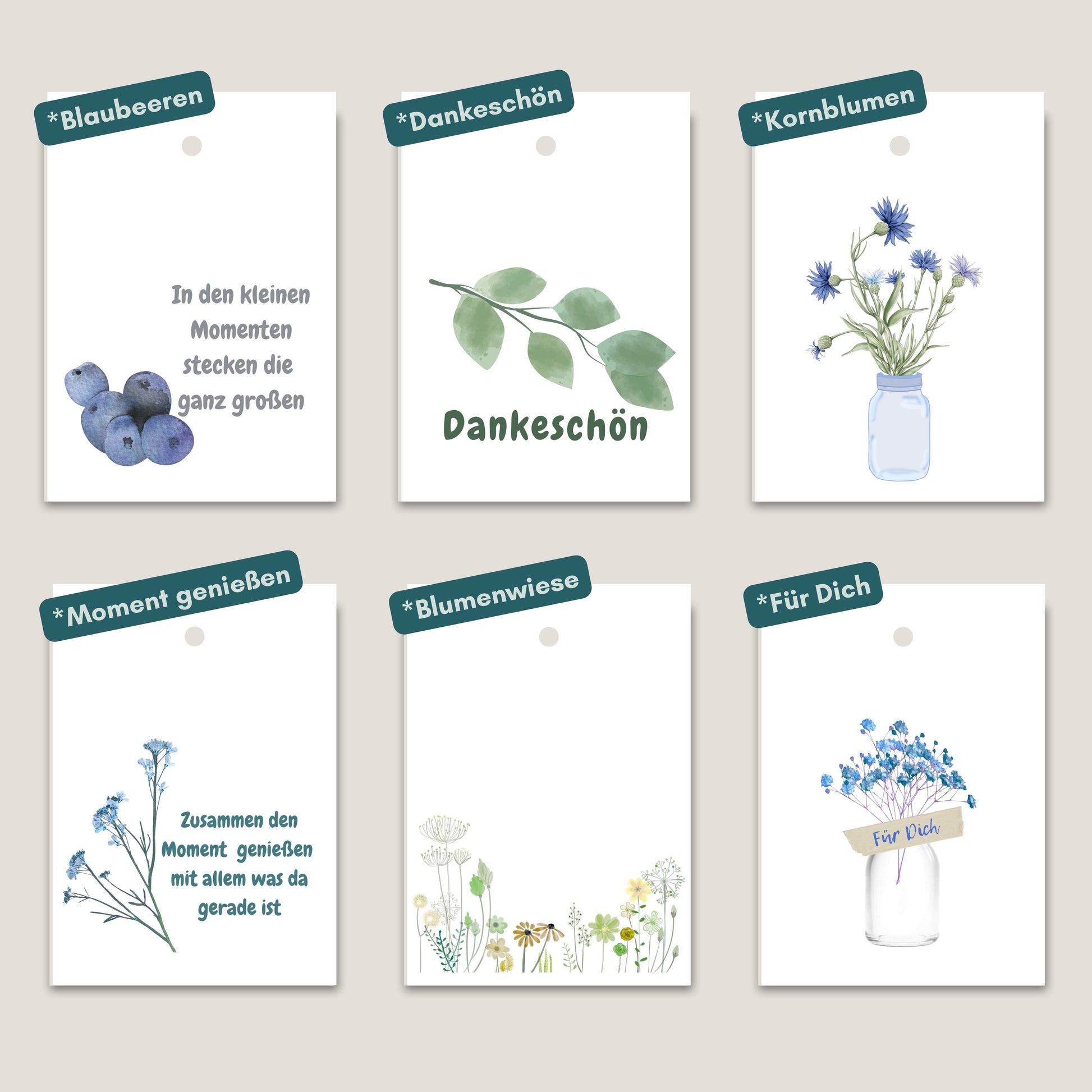 Übersicht zu den 6 verschiedenen Geschenkanhänger aus Papier von foodigence