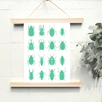 Poster an einer Wand mit grünen verschiedenen Käfern von foodigence