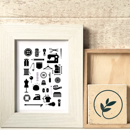 Hobby-Poster Nähen in einem Rahmen stehend