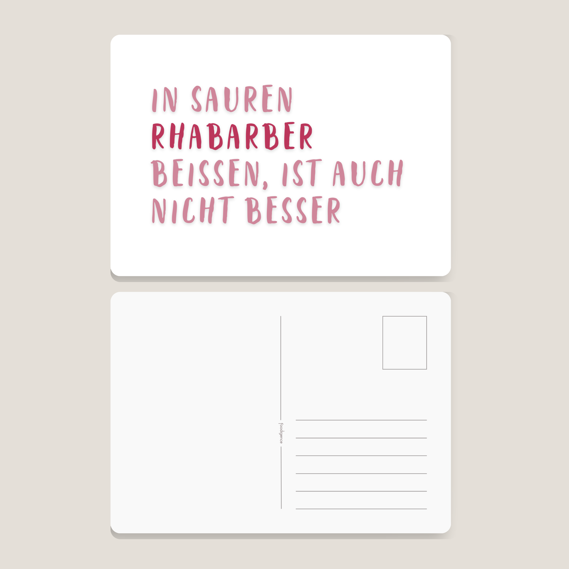 Vorder- und Rückseite der foodigence-Postkarte mit kulinarischen Sprüchen