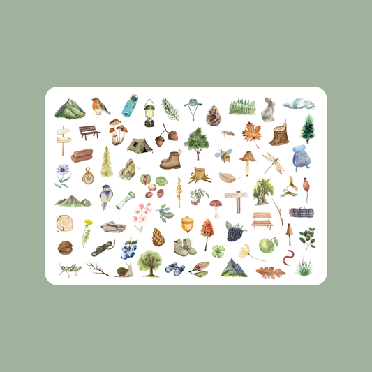 Postkarte WANDERN, Serie Hobbies mit vielen kleinen Abbildungen passend zum Lieblingshobby