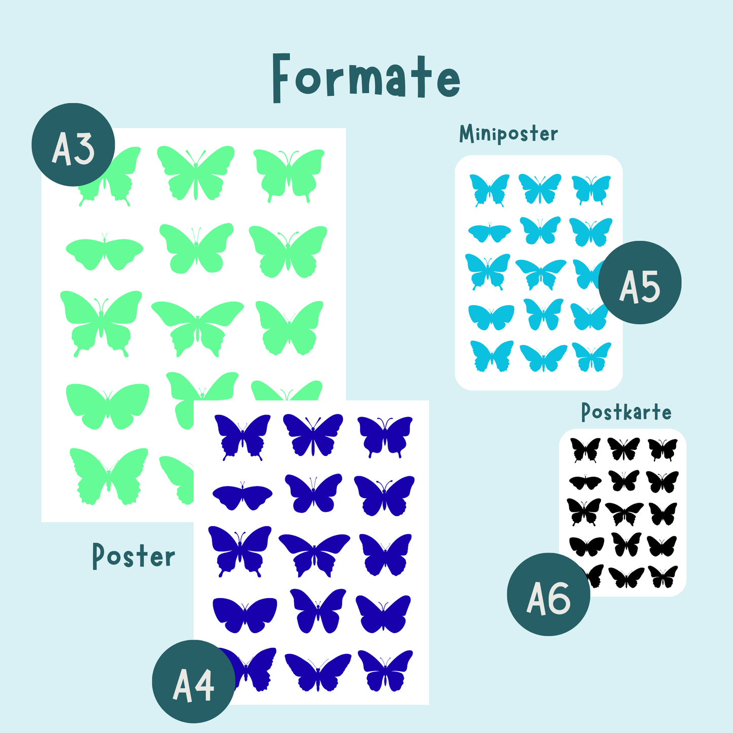 Übersicht der Formate der Tierposter hier Schmetterlinge von A6 bis A3