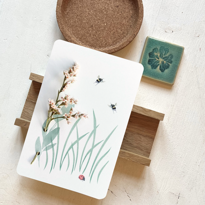 Strandflieder auf einer Postkarte mit Hummeln und Marienkäfer