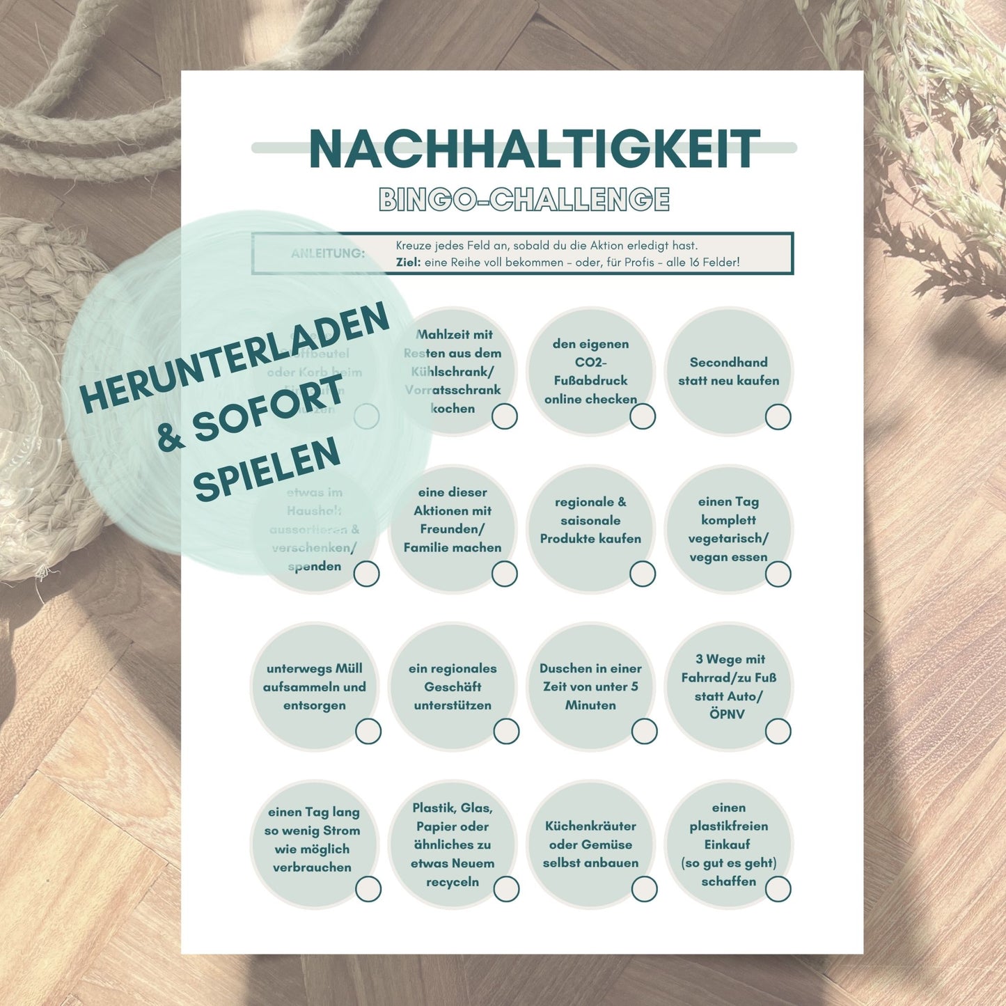 Bingospiel und Challenge zum Thema Nachhaltigkeit von foodigence als Download