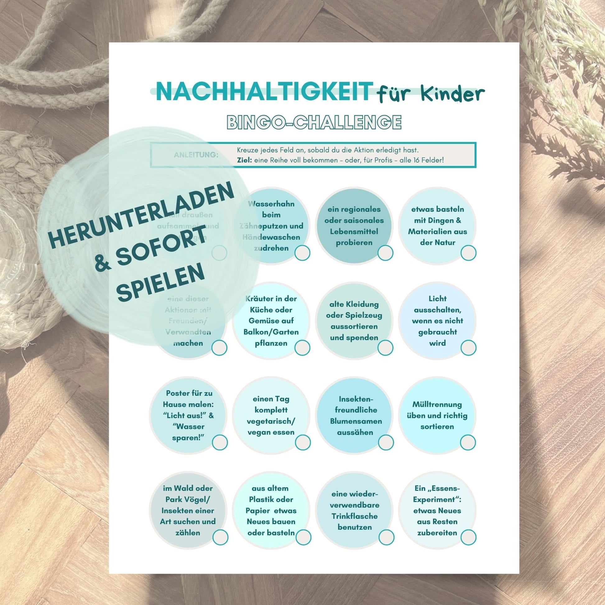 Bingospiel und Challenge zum Thema Nachhaltigkeit für Kinder von foodigence als Download