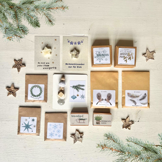 foodigence Adventskalender mit 12 liebevoll zusammengestellten Überraschungen rund um Natur, Weihnachten und Nachhaltigkeit, darunter Saatkugeln, Vogelfutter, Sonnenfänger und kleine Geschenkideen