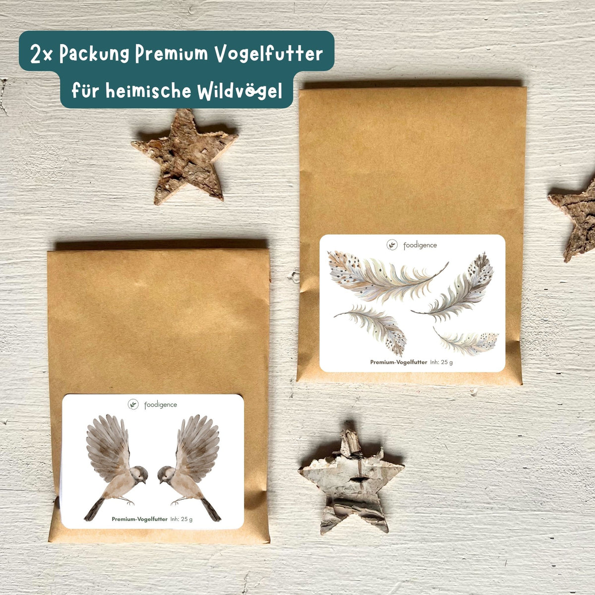 foodigence Premium-Vogelfutter für heimische Wildvögel in zwei Portionen als nachhaltige Adventskalender-Füllung und naturverbundene Geschenkidee für Nikolaus und die Winterzeit