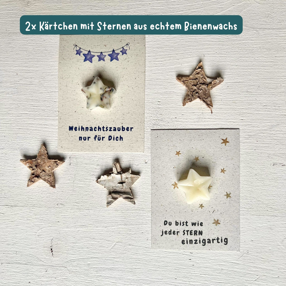 foodigence Weihnachtliche Grußkarten mit Sternen aus echtem Bienenwachs und winterlichen Designs als besondere Adventskalender-Füllungen und kleine Aufmerksamkeiten zur Nikolaus- und Weihnachtszeit