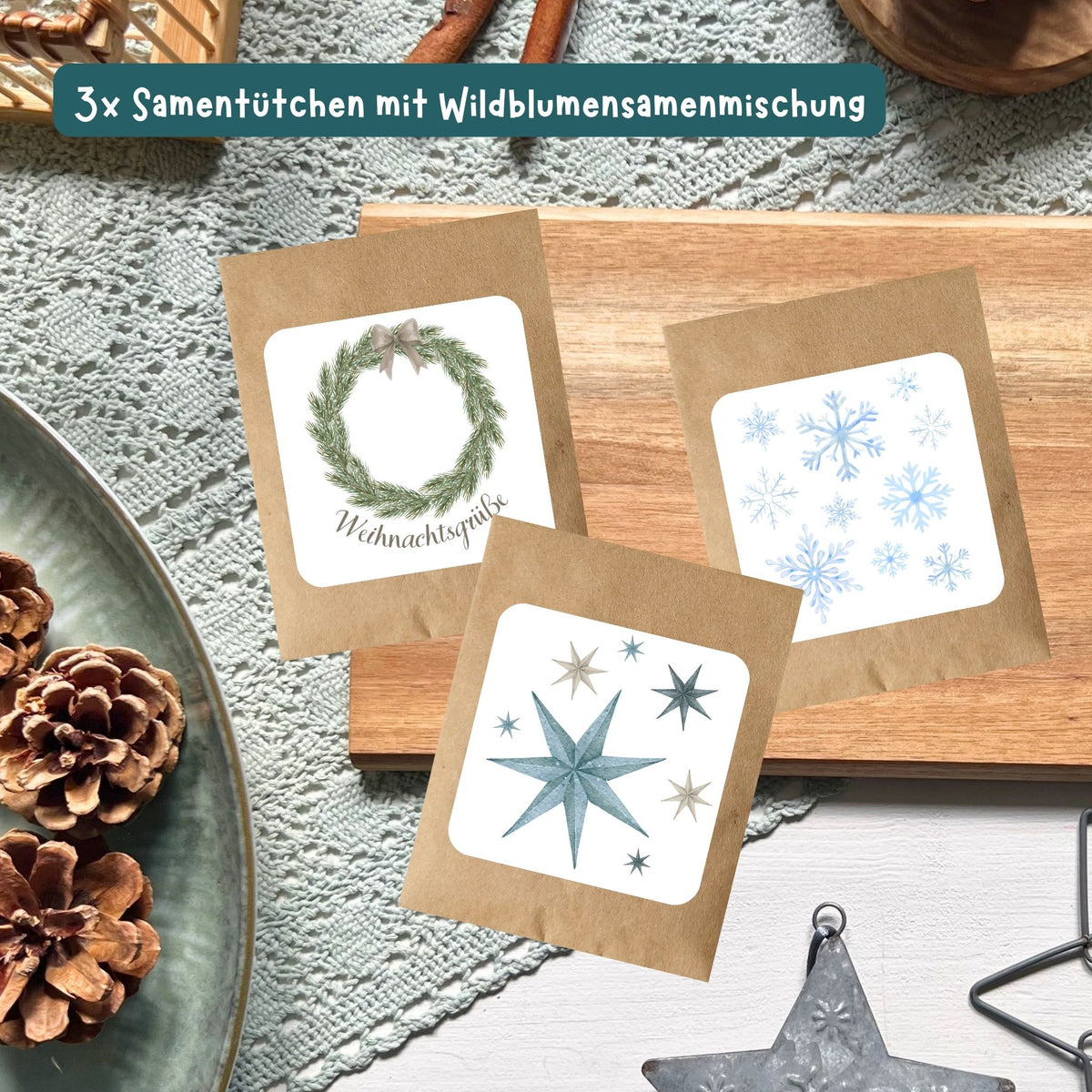 foodigence Drei Samentütchen mit winterlichen Illustrationen und Wildblumensamen als natürliche Adventskalender-Füllungen und kleine Geschenkideen für Nikolaus und Weihnachten
