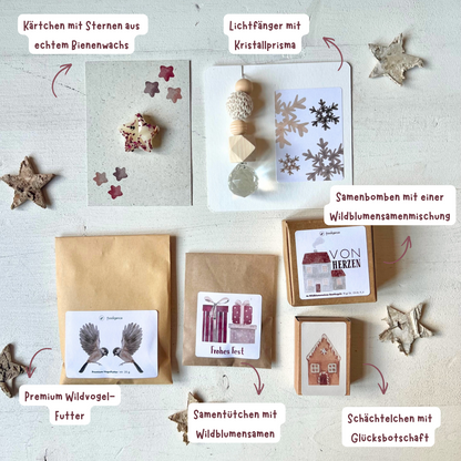 foodigence Designübersicht des weihnachtlichen Geschenksets mit sechs aufeinander abgestimmten Überraschungen in winterlichen Rot- und Rosatönen, Lebkuchenhaus-Motiv, Schneeflocken und festlichen Illustrationen