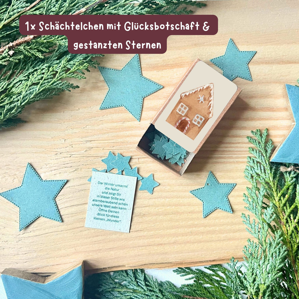 foodigence Weihnachtsbotschaft im kleinen Schächtelchen mit Lebkuchenhaus-Motiv, Graspapier-Zettel und ausgestanzten Sternen als besondere Überraschung im Weihnachtsgeschenke-Set