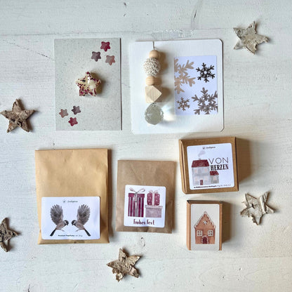 foodigence Weihnachtsgeschenke-Set mit sechs Teilen: Vogelfutter, Bienenwachsstern-Karte, Weihnachtsbotschaft, Kristallprisma-Lichtfänger, Saatkugel und Samentütchen