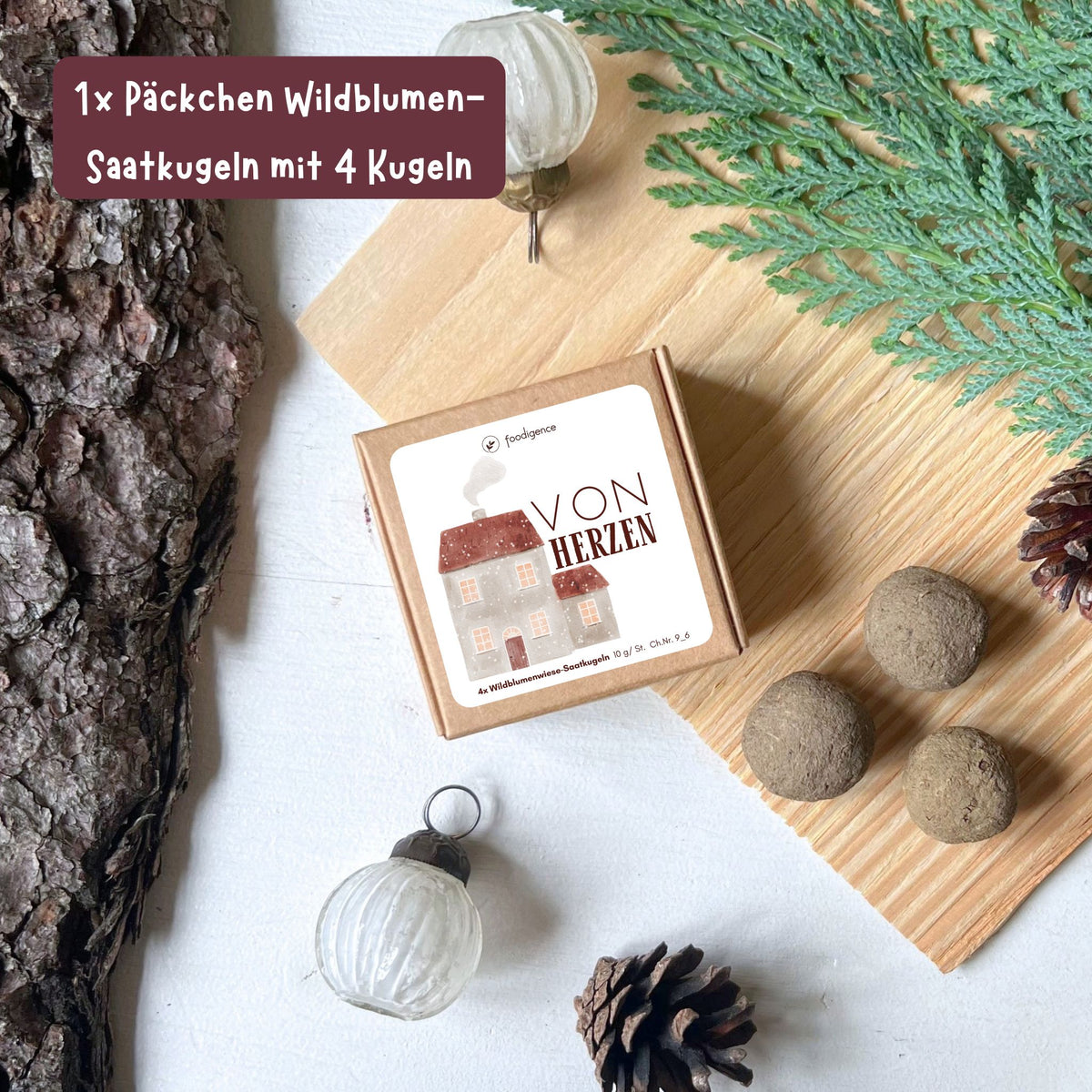 foodigence Saatkugel mit Wildblumensamen als kleine Überraschung zum Aussäen und Bestandteil des weihnachtlichen Geschenksets mit sechs Adventskalender-Füllungen
