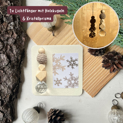 foodigence Sonnenfänger mit funkelndem Kristallprisma und beigem Schneeflocken-Design als winterliche Fensterdekoration und Geschenkidee im 6-teiligen Adventskalender-Set