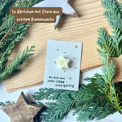 foodigence Weihnachtliche Grußkarte mit Stern aus echtem Bienenwachs und dekorativen Sternmotiven als natürliche Geschenkbeigabe und Bestandteil des 3-teiligen Adventskalender-Füllungen-Sets