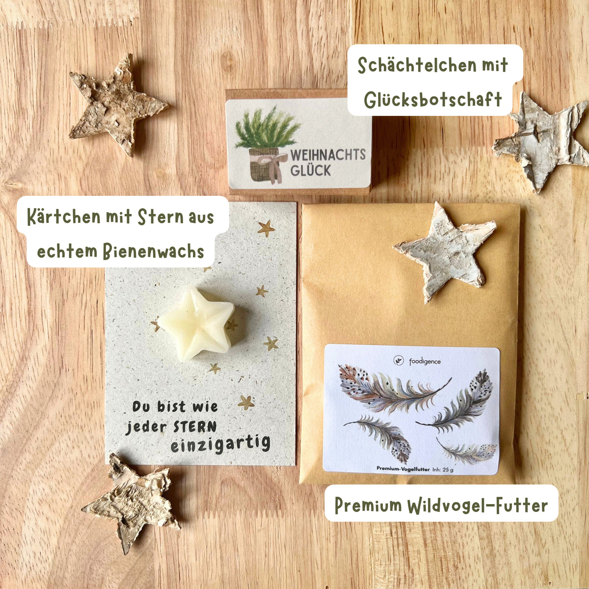 foodigence Inhaltsübersicht des 3-teiligen Adventskalender-Füllungen-Sets in Beige und Braun mit Bienenwachsstern-Karte, Premium-Vogelfutter mit Federdesign und Weihnachtsglück-Botschaft