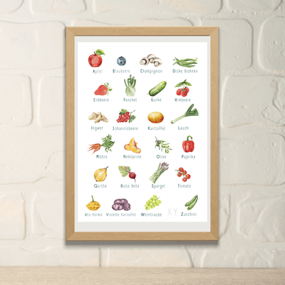 Poster von foodigence mit regionalen Produkten als ABC sortiert vor einer Steinwand