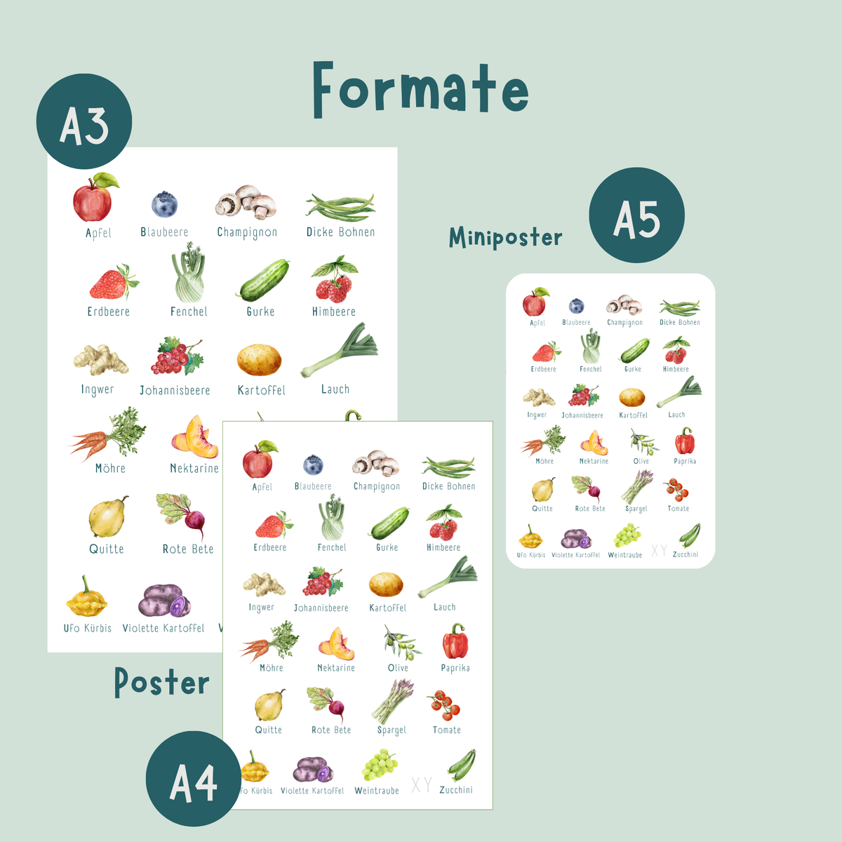 Poster von foodigence mit regionalen Produkten als ABC sortiert Formatübersicht