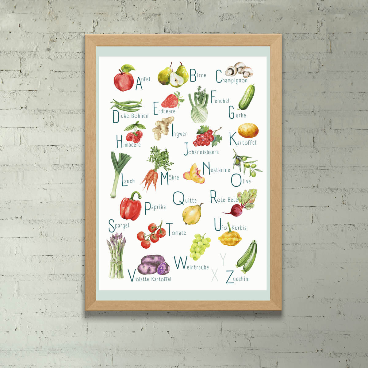 Poster von foodigence mit regionalen Produkten als ABC unsortiert (Collage) an einer Steinwand aufgehängt