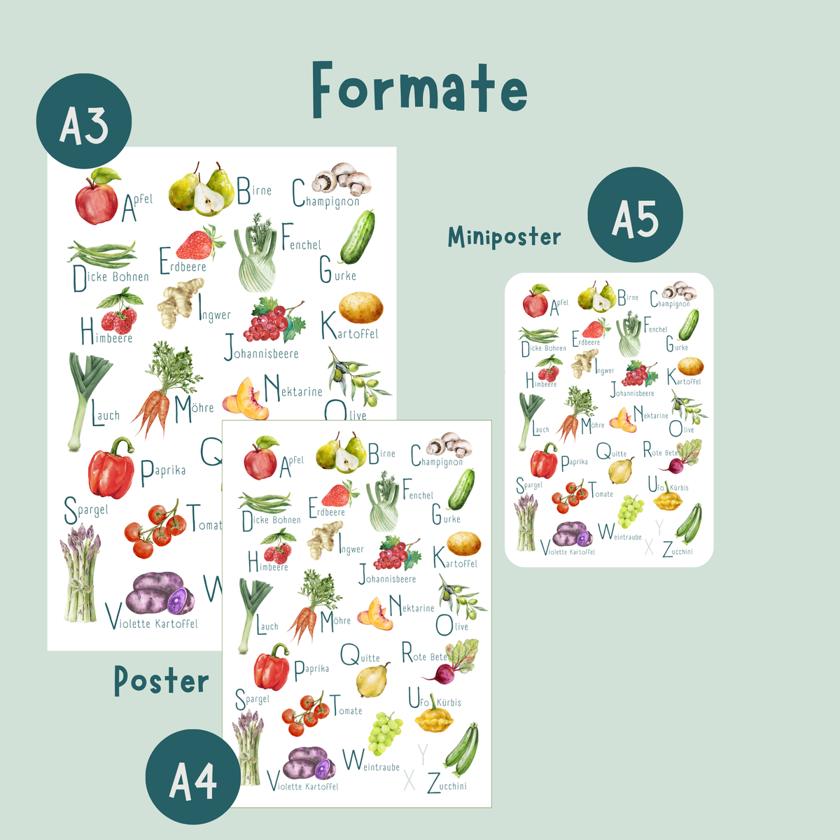 Poster von foodigence mit regionalen Produkten als ABC unsortiert (Collage) Formatübersicht