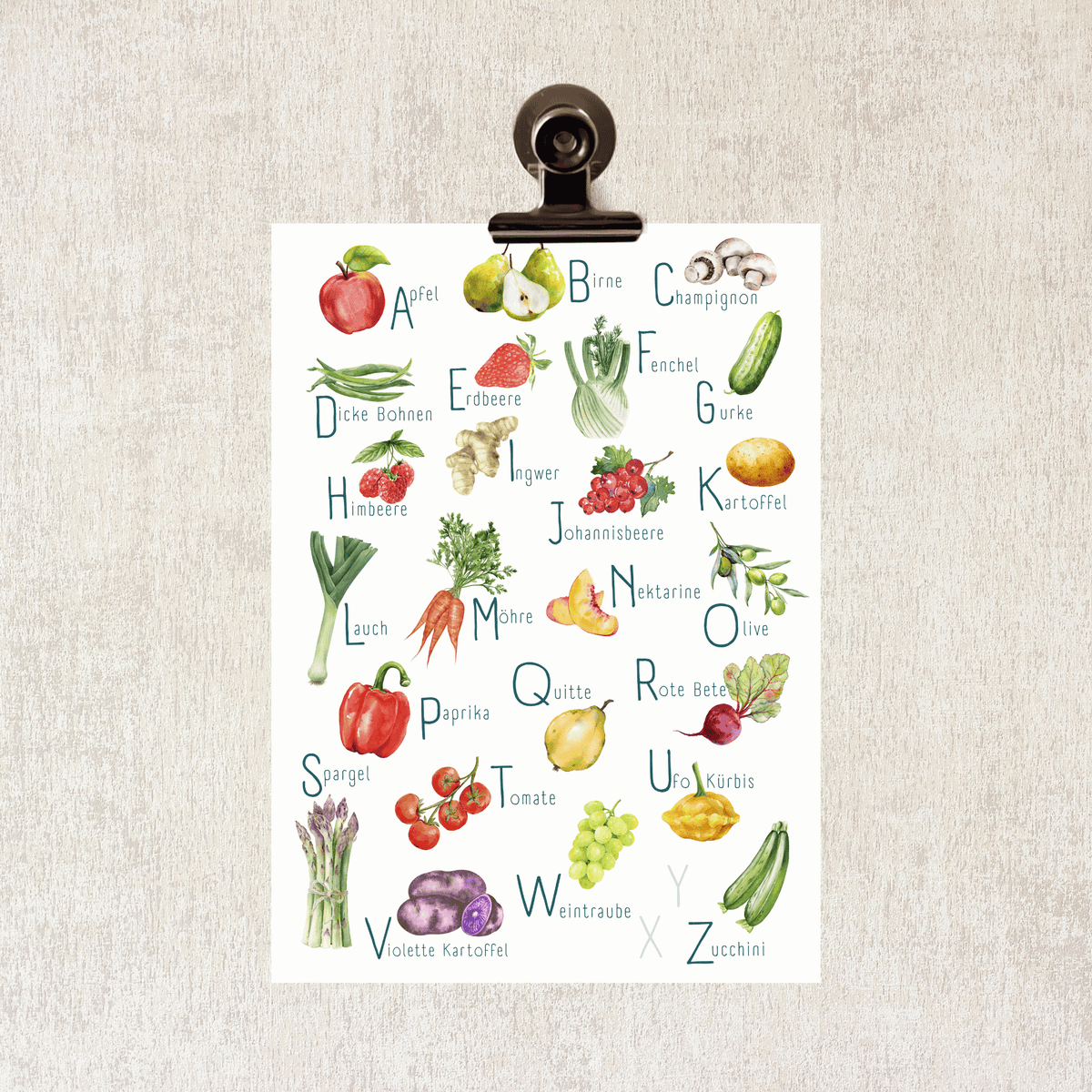 Poster von foodigence mit regionalen Produkten als ABC unsortiert (Collage) angepinnt