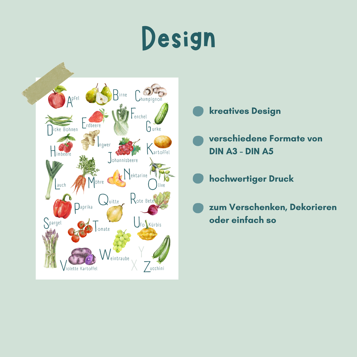 Poster von foodigence mit regionalen Produkten als ABC unsortiert (Collage) Designübersicht
