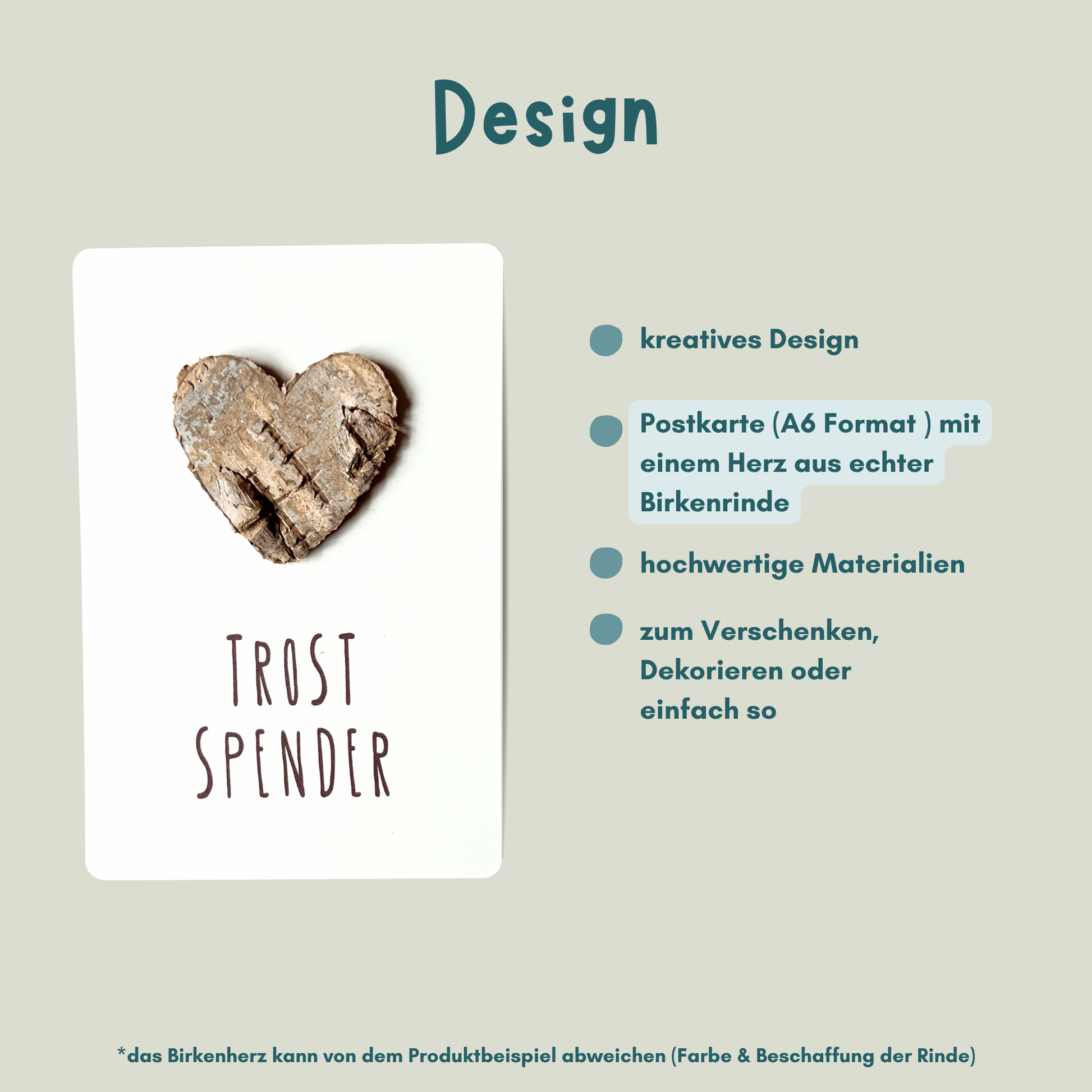 Postkarte mit Birkenherz "Trostspender" Übersicht Design