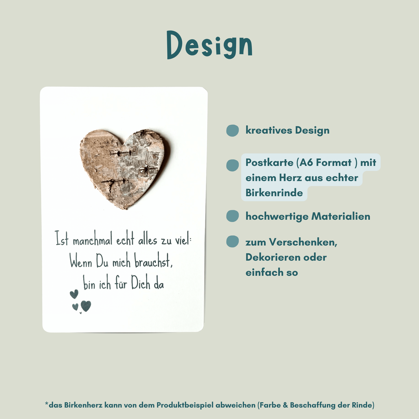 Postkarte mit Birkenherz "(...) bin für ich da" Übersicht Design