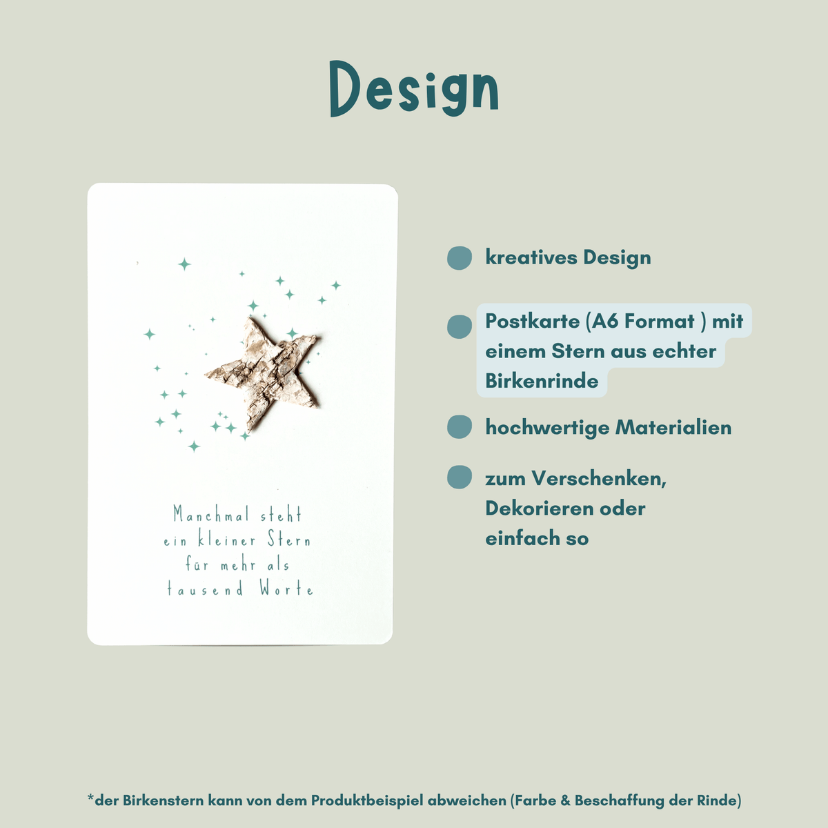 Postkarte mit Birkenstern " Manchmal steht ein kleiner Stern für mehr als tausend Worte" Übersicht Design