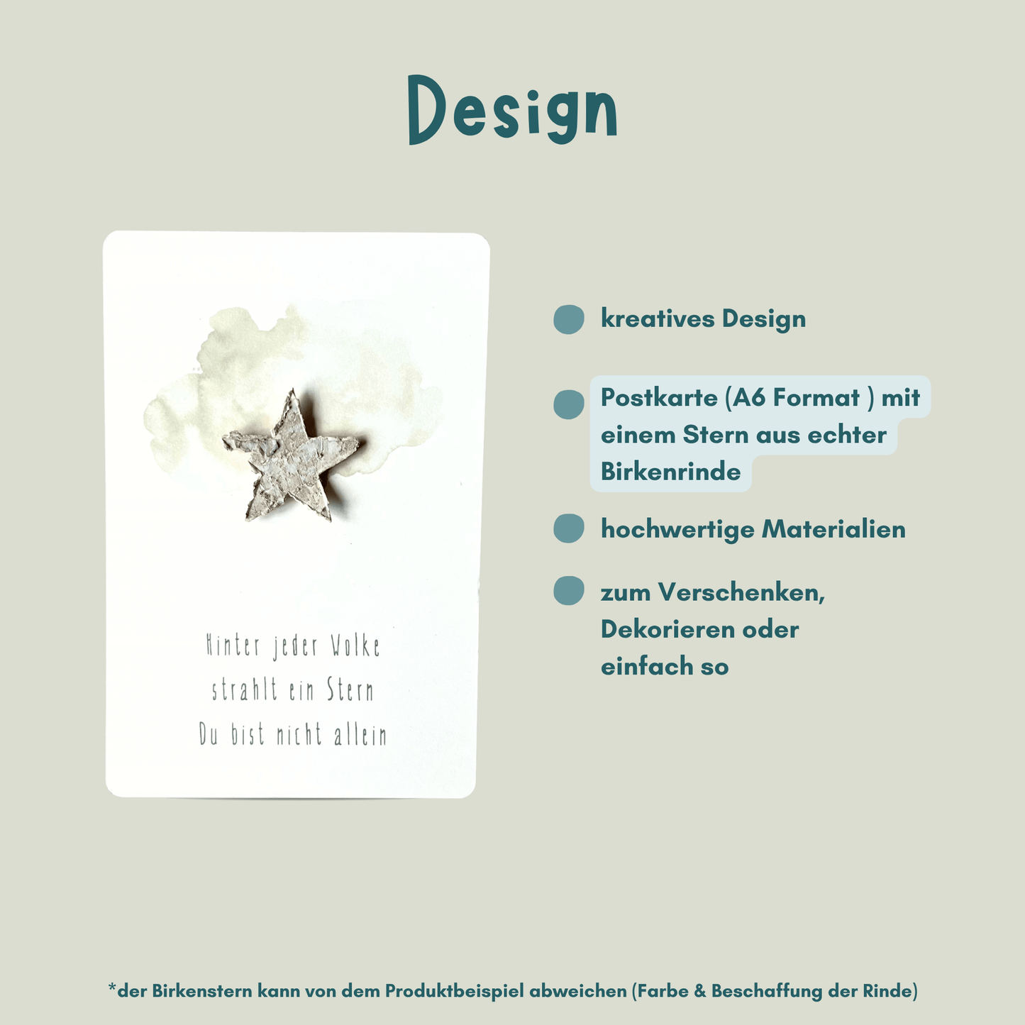 Postkarte mit Birkenstern " Hinter jeder Wolke strahlt ein Stern Du bist nicht allein" Design Übersicht 