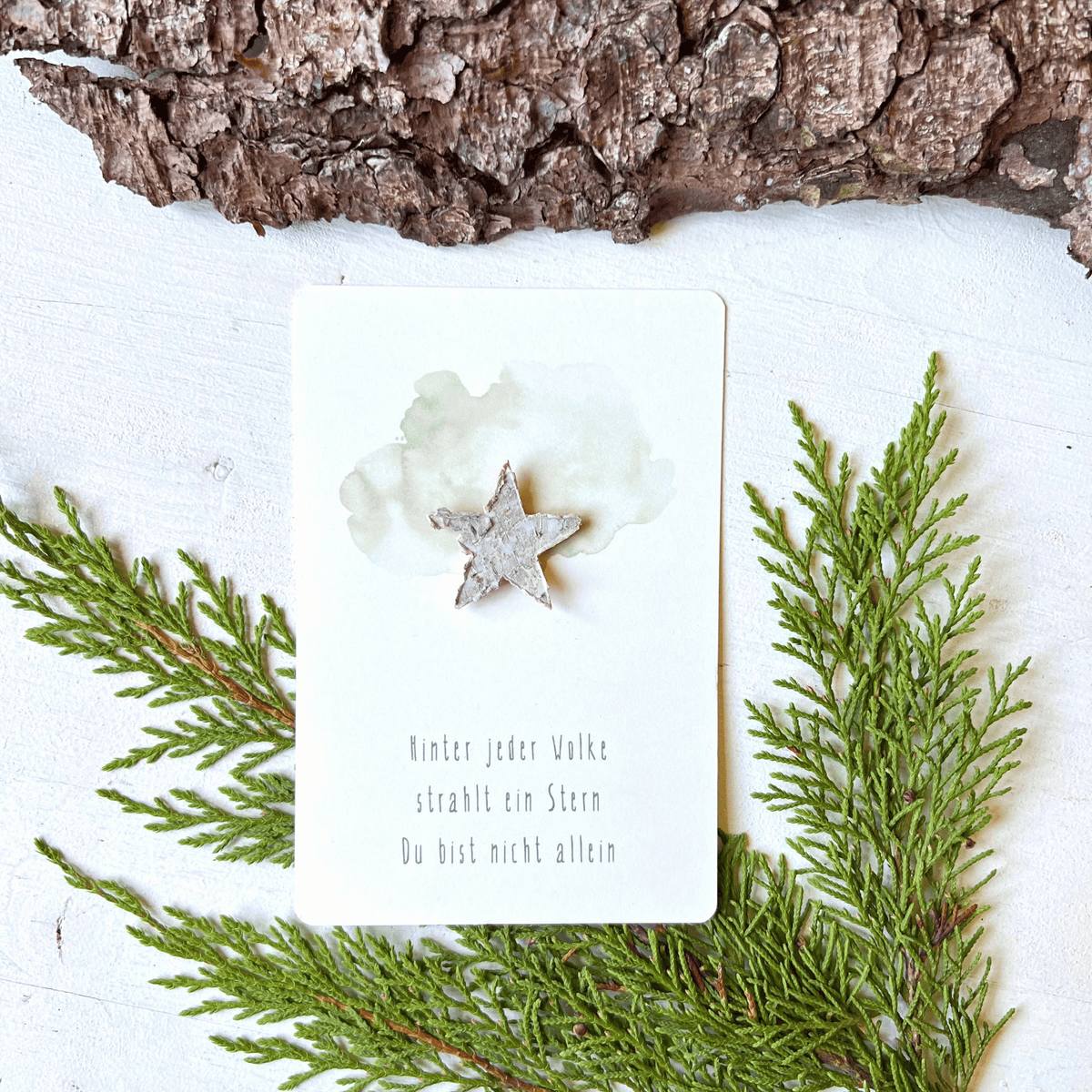 Postkarte mit Birkenstern " Hinter jeder Wolke strahlt ein Stern Du bist nicht allein" Mockup