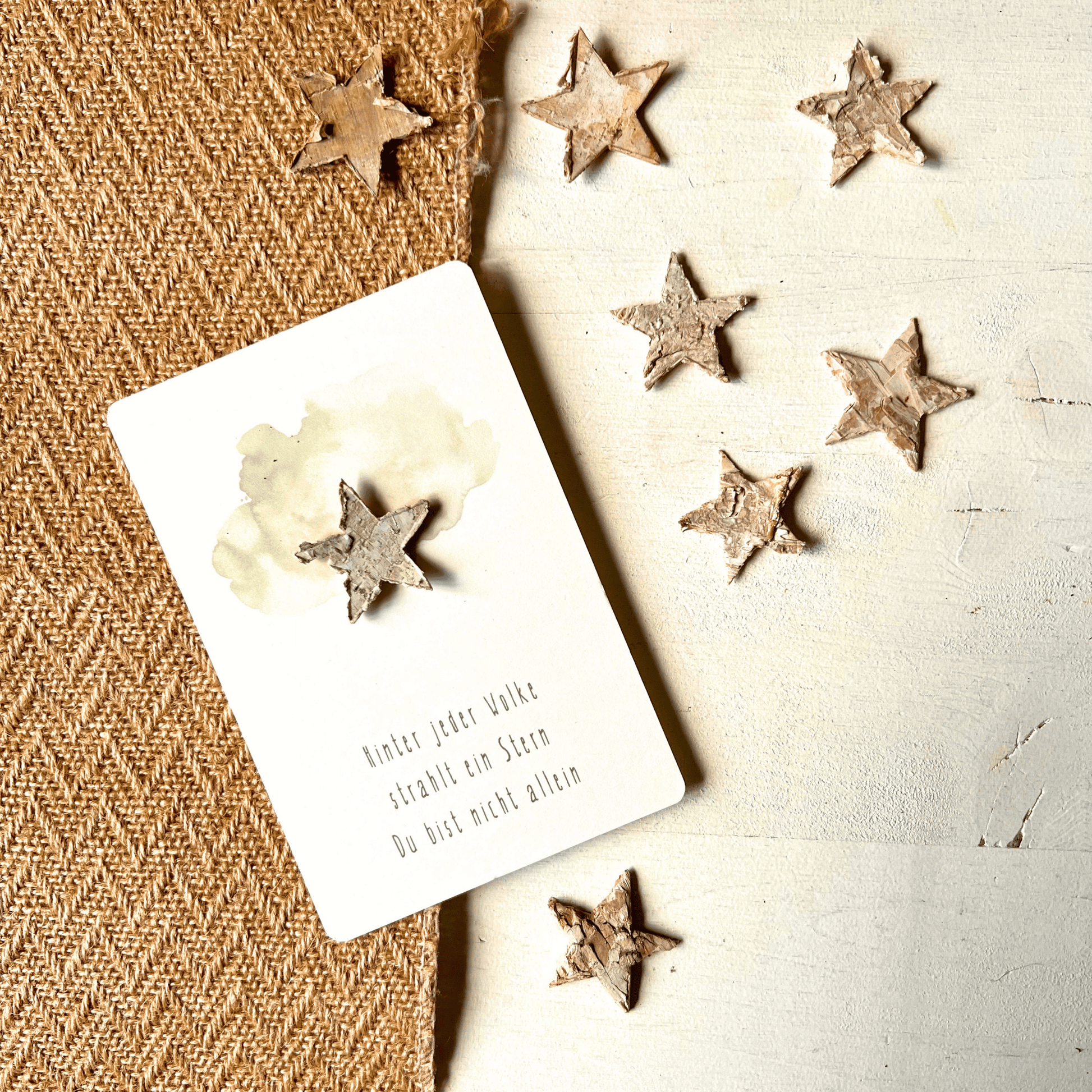 Postkarte mit Birkenstern " Hinter jder Wolke steht ein Stern Du bist nicht allein" 