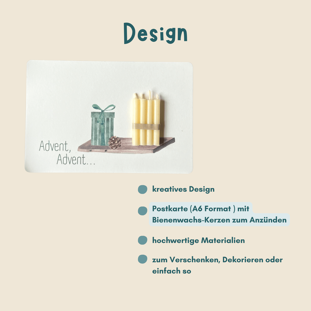 weihnachtliche Postkarten von foodigence mit echten Bienenwachskerzen zum Verschenken in der Weihnachtszeit "Advent, Advent..." mit 4 Kerzen auf einem Tablett Designübersicht