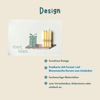weihnachtliche Postkarten von foodigence mit echten Bienenwachskerzen zum Verschenken in der Weihnachtszeit "Advent, Advent..." mit 4 Kerzen auf einem Tablett Designübersicht