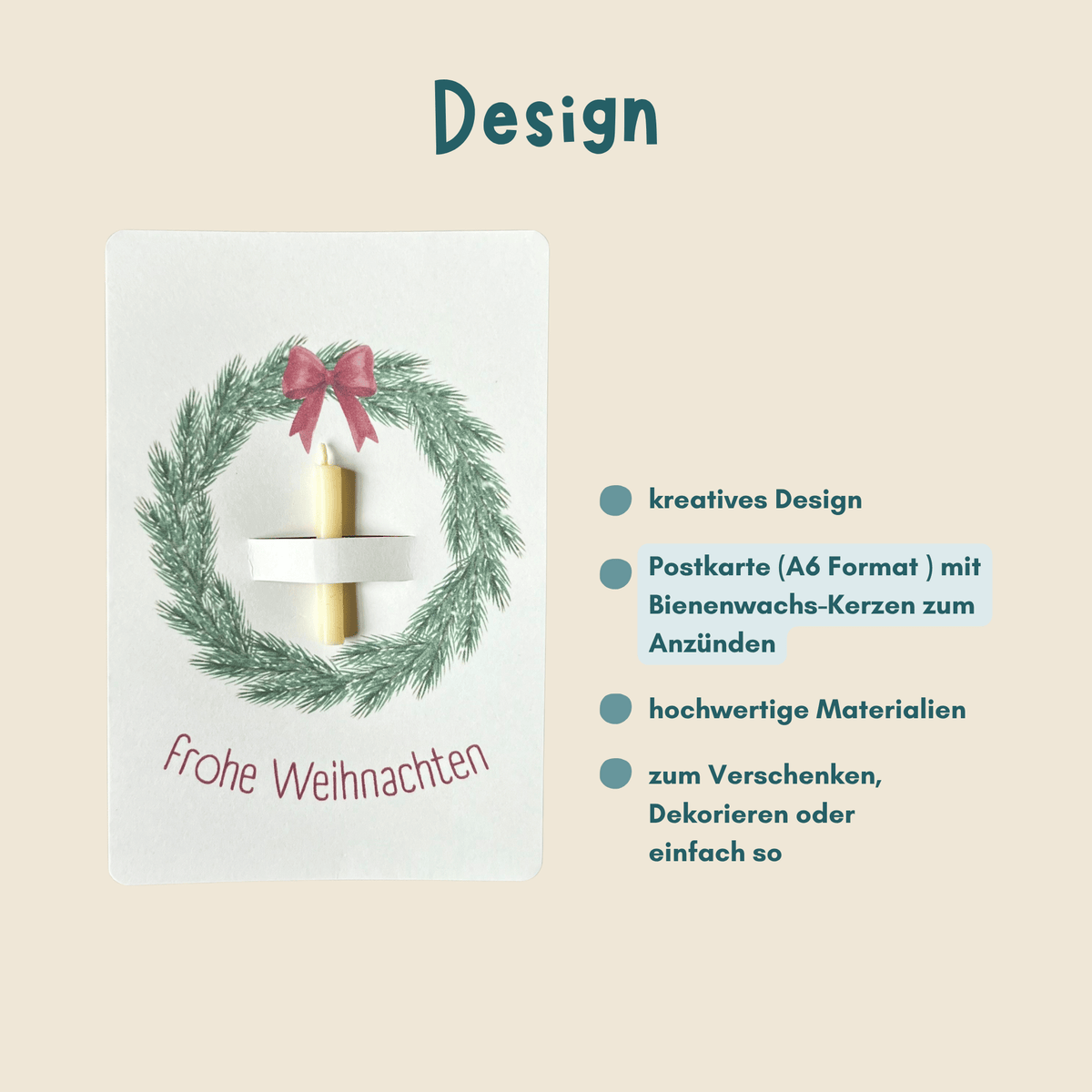 weihnachtliche Postkarten von foodigence mit echten Bienenwachskerzen zum Verschenken in der Weihnachtszeit "frohe Weihnachten" Übersicht Design