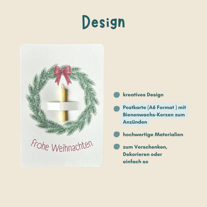 weihnachtliche Postkarten von foodigence mit echten Bienenwachskerzen zum Verschenken in der Weihnachtszeit "frohe Weihnachten" Übersicht Design