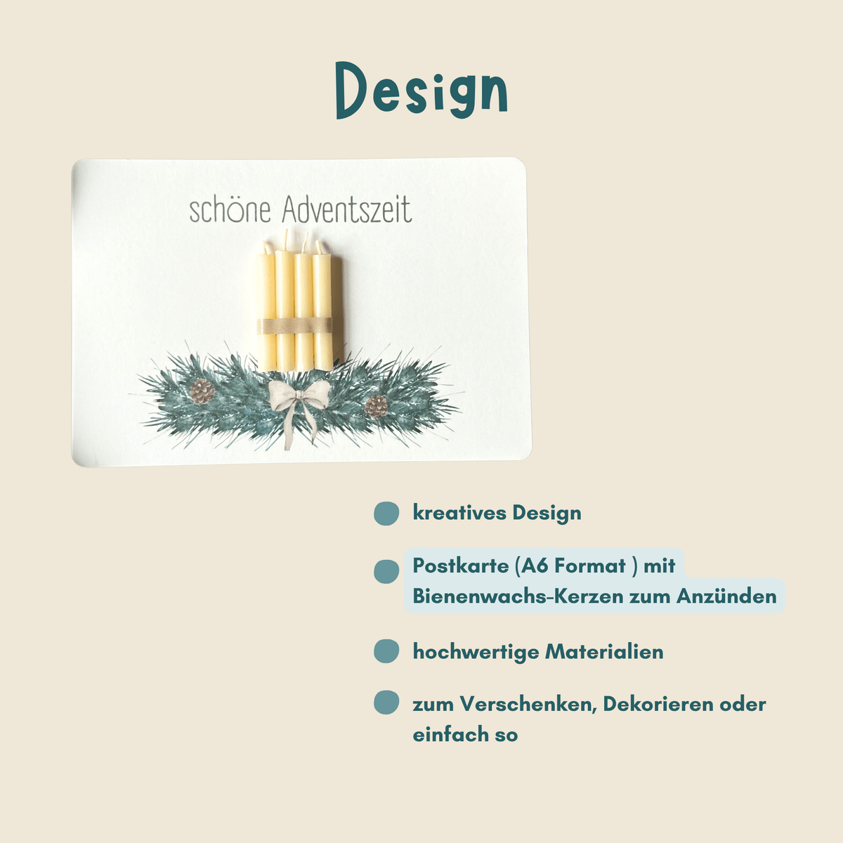 weihnachtliche Postkarten von foodigence mit echten Bienenwachskerzen zum Verschenken in der Weihnachtszeit "schöne Adventszeit" und Adventskranz mit 4 Kerzen Designübersicht
