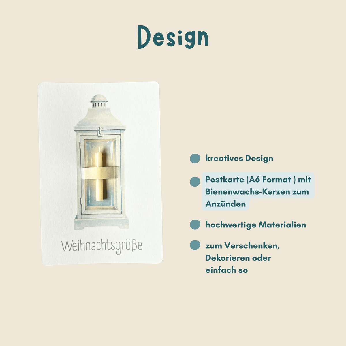 weihnachtliche Postkarten von foodigence mit echten Bienenwachskerzen zum Verschenken in der Weihnachtszeit "Weihnachtsgrüße" und einer Laterne  Übersicht Design