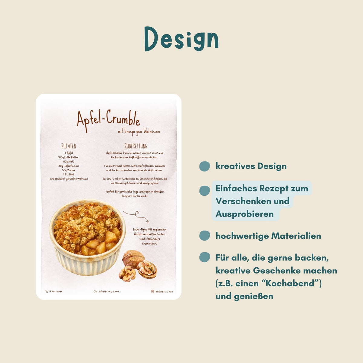 Übersicht Design Rezeptkarte als Postkarte von foodigence Rezept Apfelcrumble herbstlich und weihnachtlich