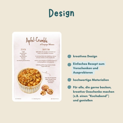 Übersicht Design Rezeptkarte als Postkarte von foodigence Rezept Apfelcrumble herbstlich und weihnachtlich
