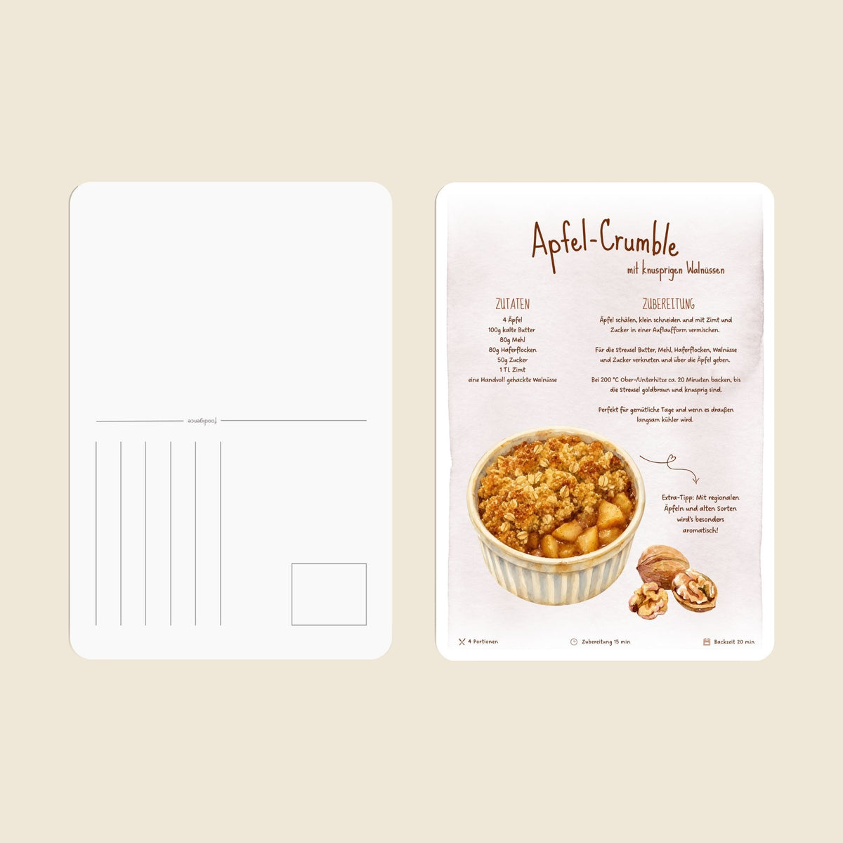 Rezeptkarte als Postkarte von foodigence Rezept Apfelcrumble herbstlich und weihnachtlich Übersicht Vorder- und Rückseite