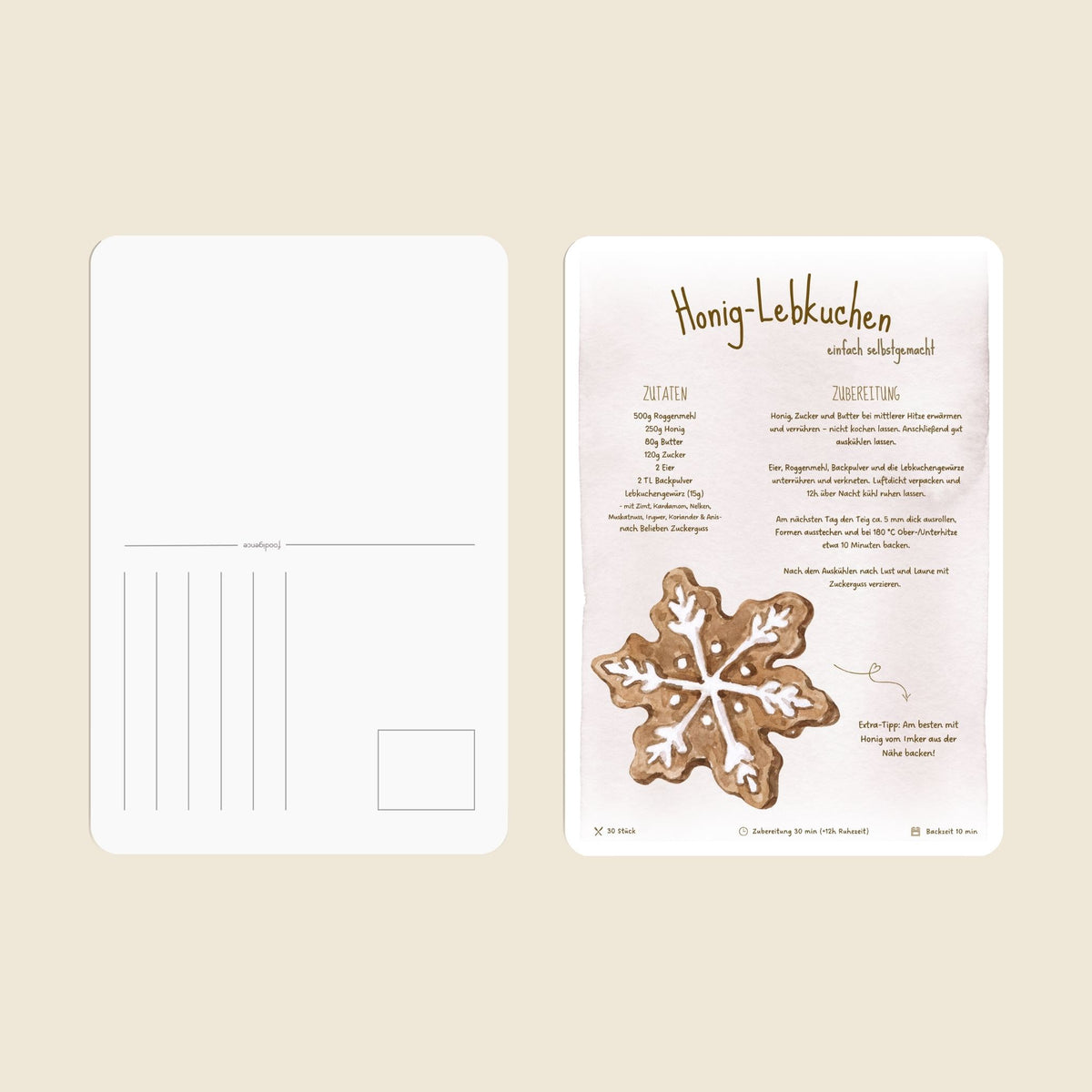 Rezeptkarte als Postkarte von foodigence Rezept Honiglebkuchen herbstlich und weihnachtlich Übersicht Vorder- und Rückseite